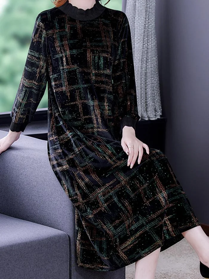 Fashionable and Elegant Printed Gold Velvet Dress