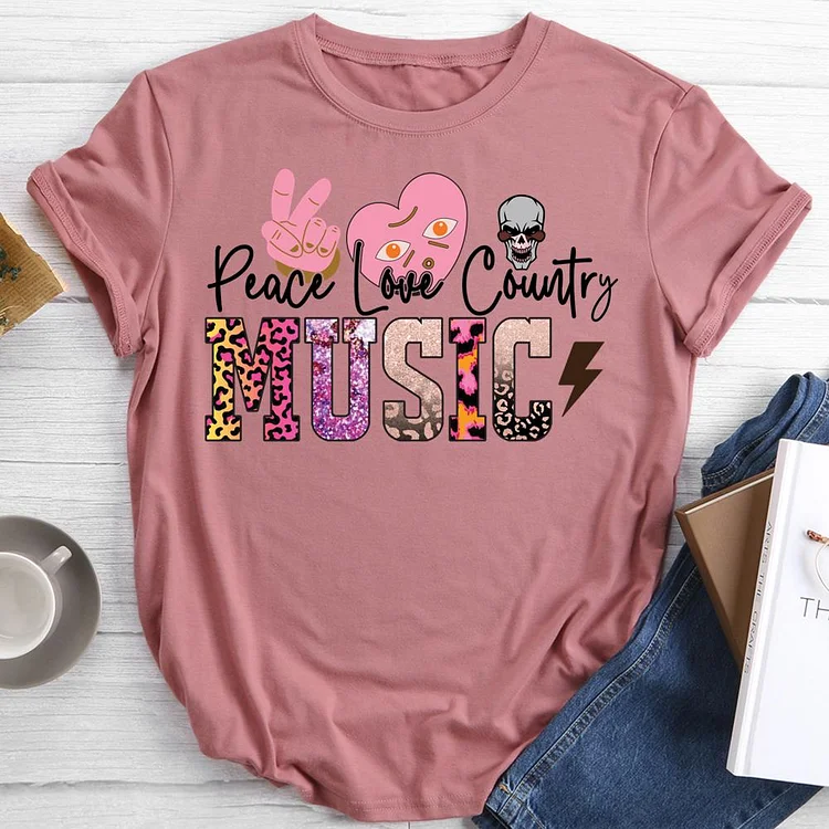 Peace Love  Country Music Round Neck T-shirt-0024598