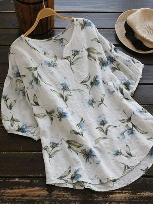 New women's mid-length cotton and linen floral print V-neck short-sleeved blouse