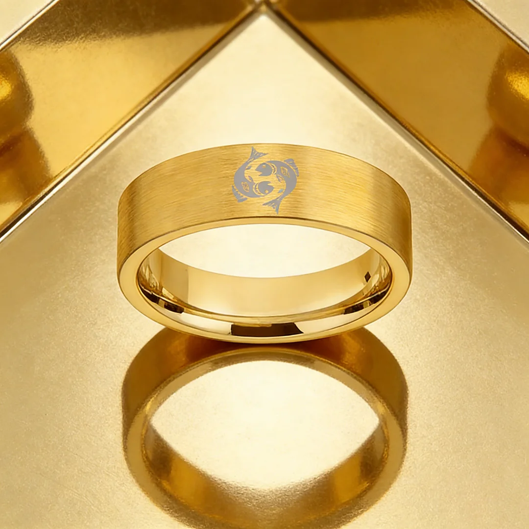 Pisces Tungsten Carbide Rings Gold Flat Wedding Band Comfort Fit Mens and Womens 4MM 6MM 8MM Width