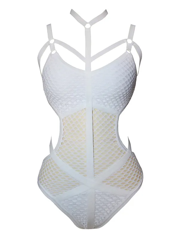 Black Sheer Knit Net Mesh Halter Bodysuit