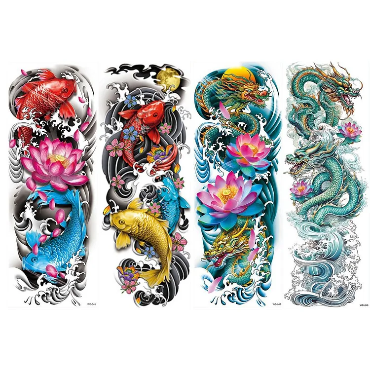 4 Sheets Chinese Style Fish Dragon Full Arm Temporary Tattoo Sleeves