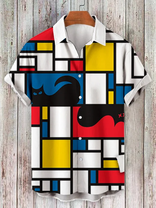 Men's Cat Silhouette Art Colorblock Print Hawaiian Beach Shirt