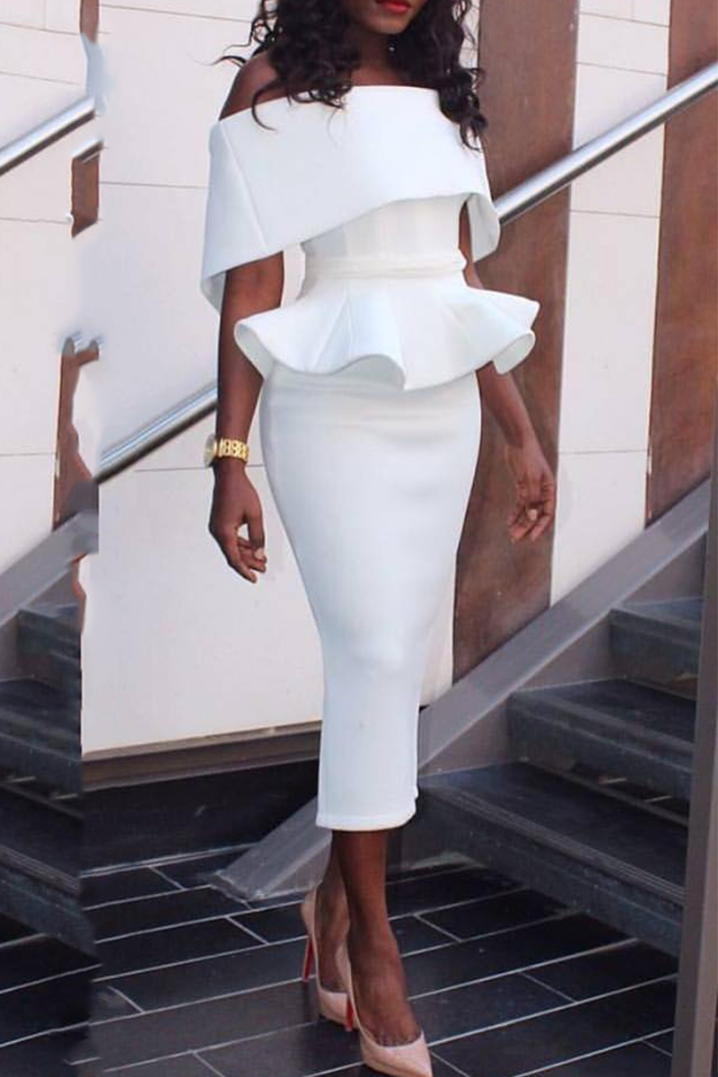 Sexy Solid Flounce Off the Shoulder Pencil Skirt Dresses