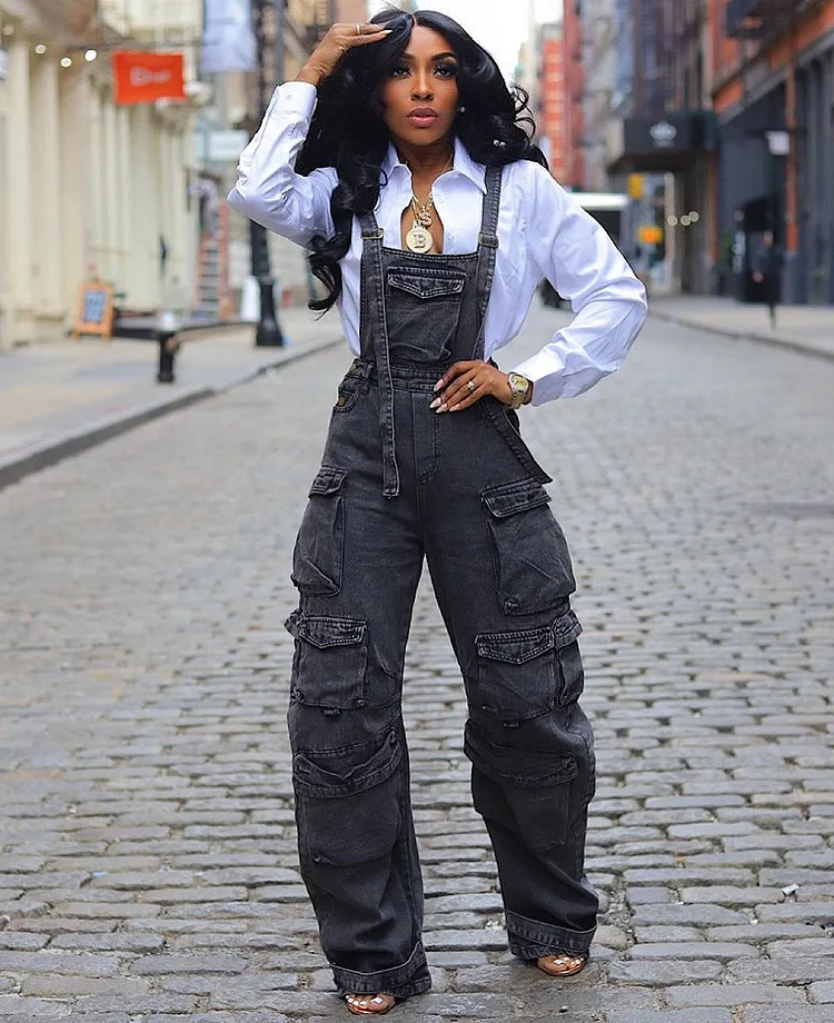 AW Street Statement! EU/US Style Loose Denim Suspender Jumpsuit | Black Versatile + Multi-Pocket👖