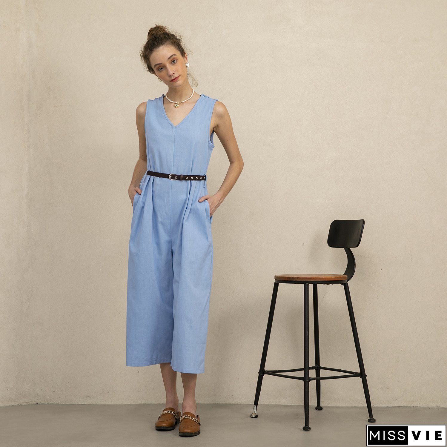 Women's Sleeveless V-Neck Cotton Linen Jumpsuit
