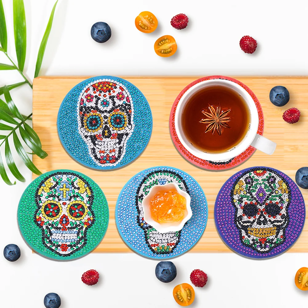 6pcs/set Skull DIY Diamond Painting Coaster Round Cup Cushion Home Decor