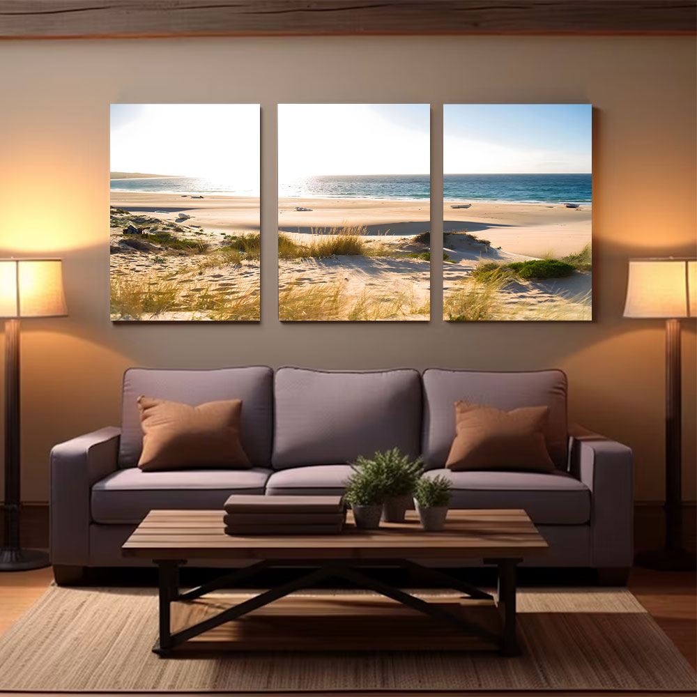 3-Piece Set Bright White Sand Beach And Sea Canvas Art