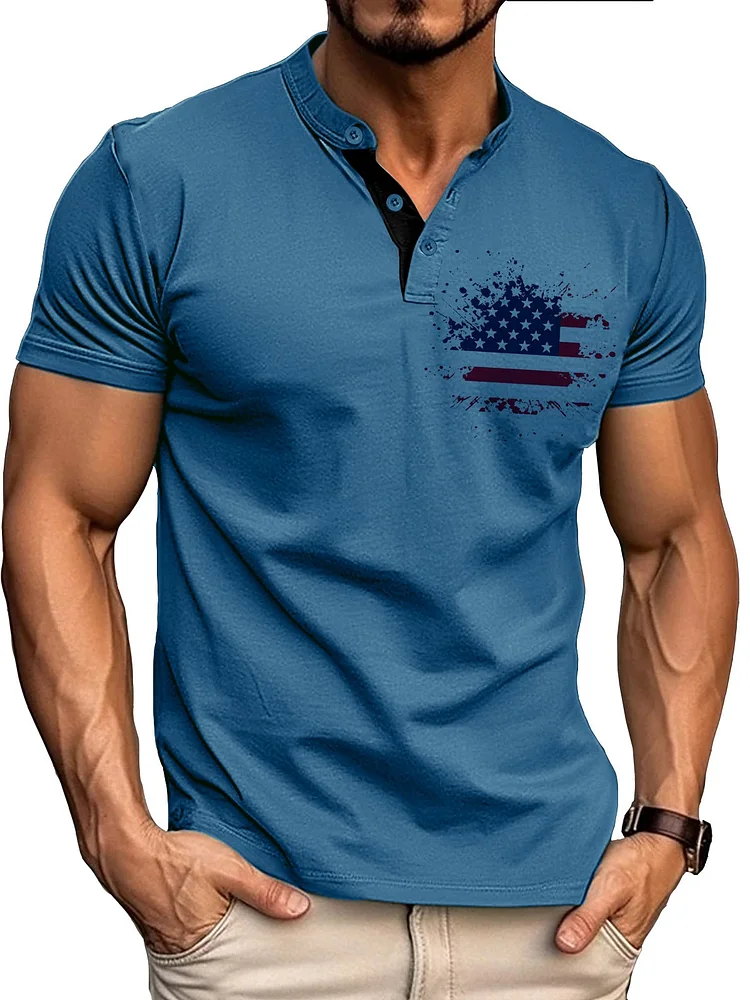 Men's Retro Basic Patchwork Flag Print Short-sleeved Henley Shirt 
