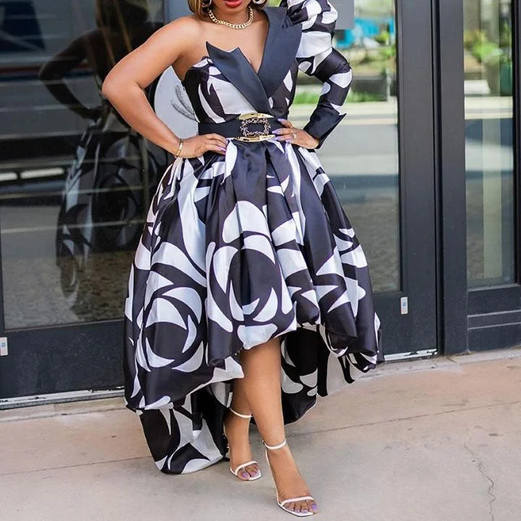 Print One Shoulder Puff Sleeve Irregular Dress - IRBOOM Fashion Clothing