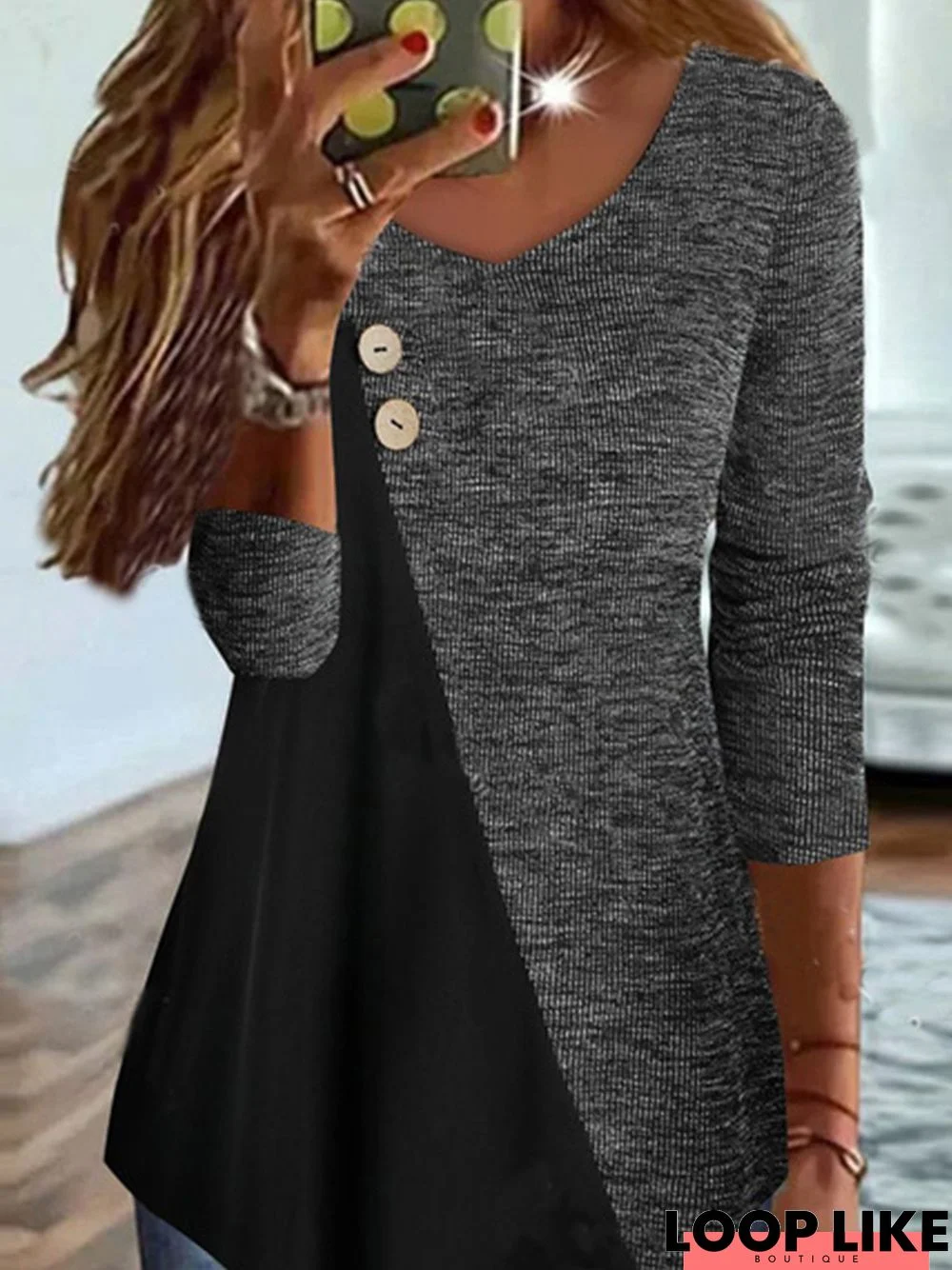 Casual Women Long Sleeve Button Loose Color Block Tunic T-Shirt