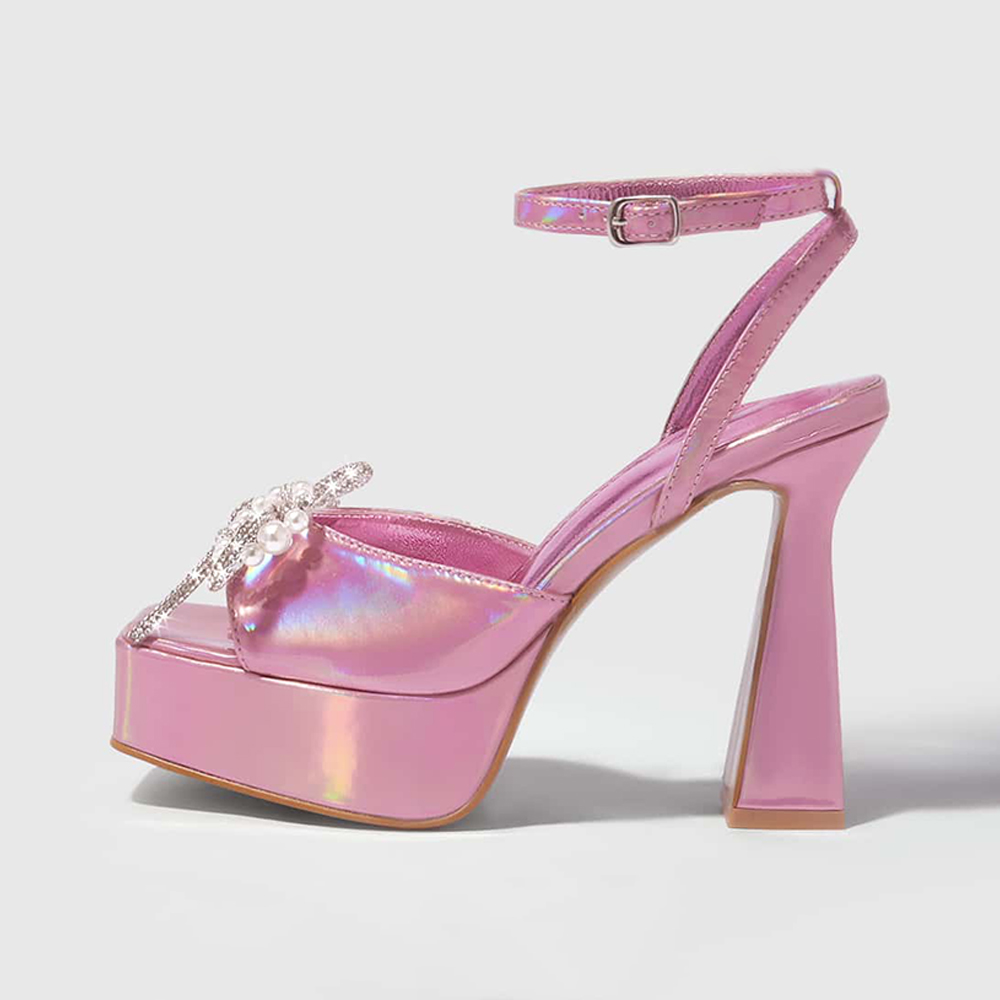 Pink Holographic Opened Ankle Strappy Rhinestone Pearl Platform Sandals With Flared Heels Nicepairs