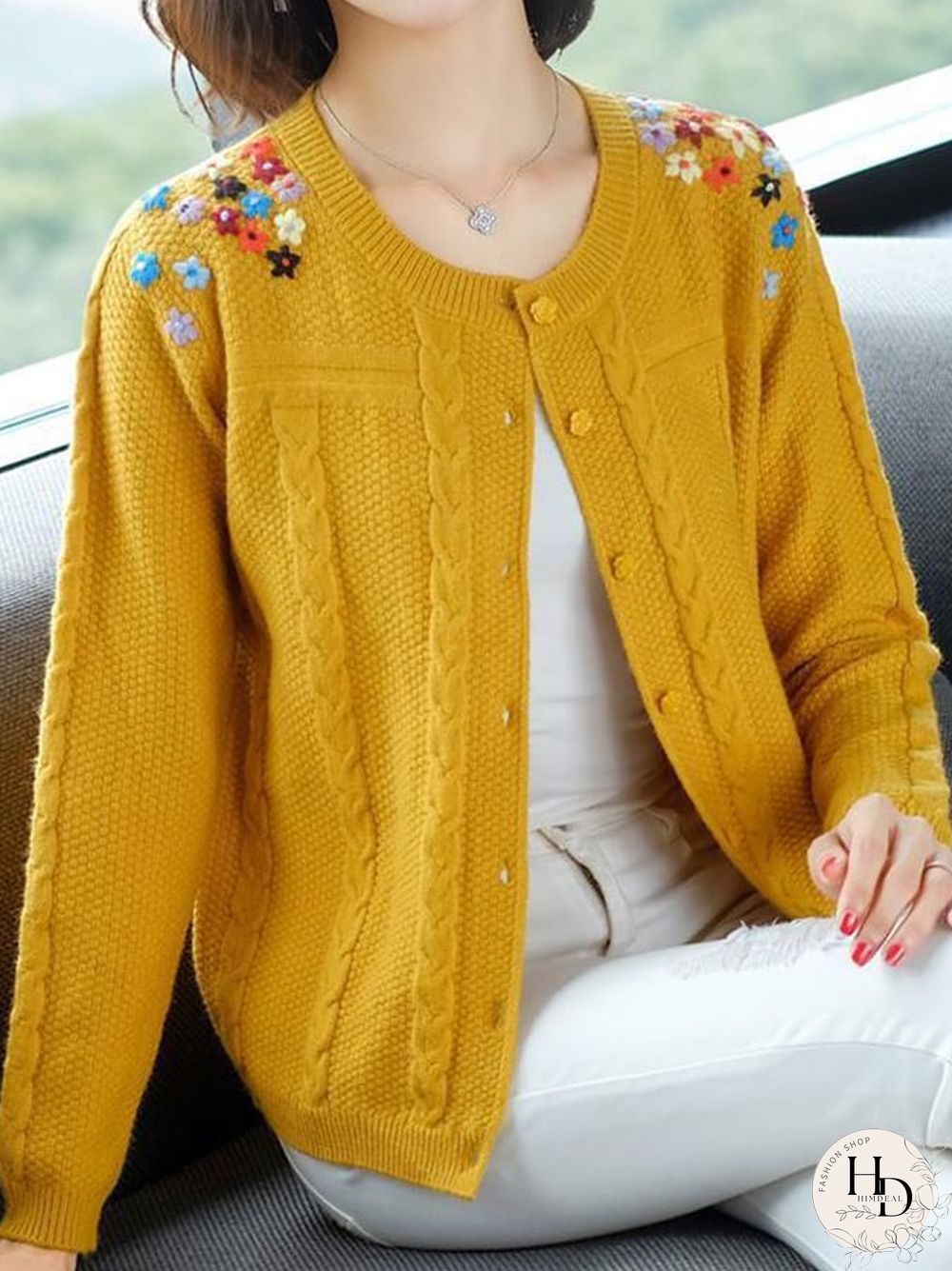 Women Fashion Floral Embroidery Cable Knit Button Front Sweater Jacket