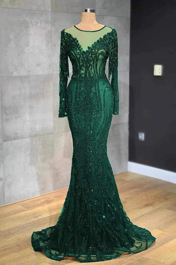 Daisda Black Mermaid Evening Dress Long Sleeves With Appliques