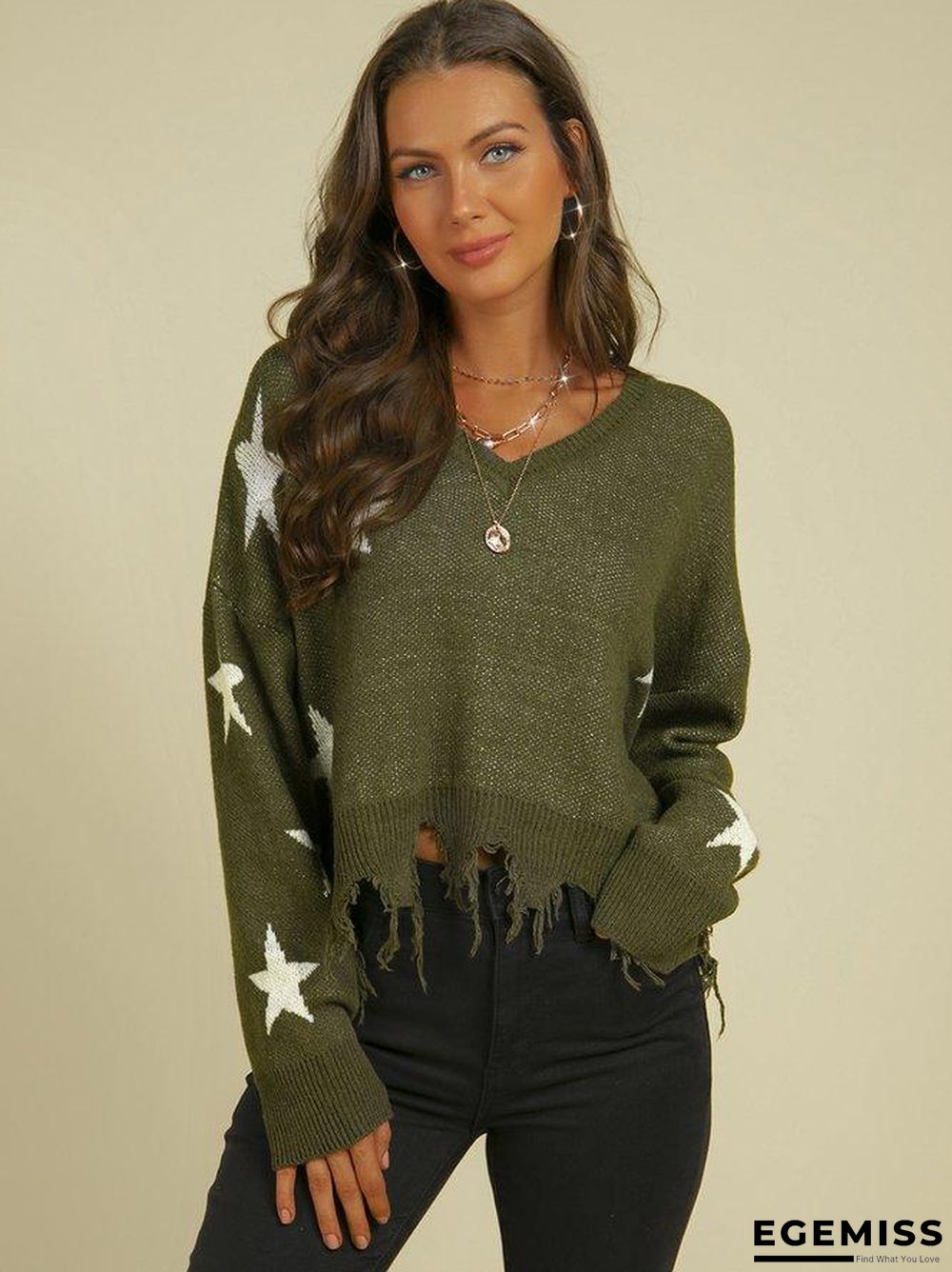 Army Green Wine Red Fashion Geometric Sweater | EGEMISS