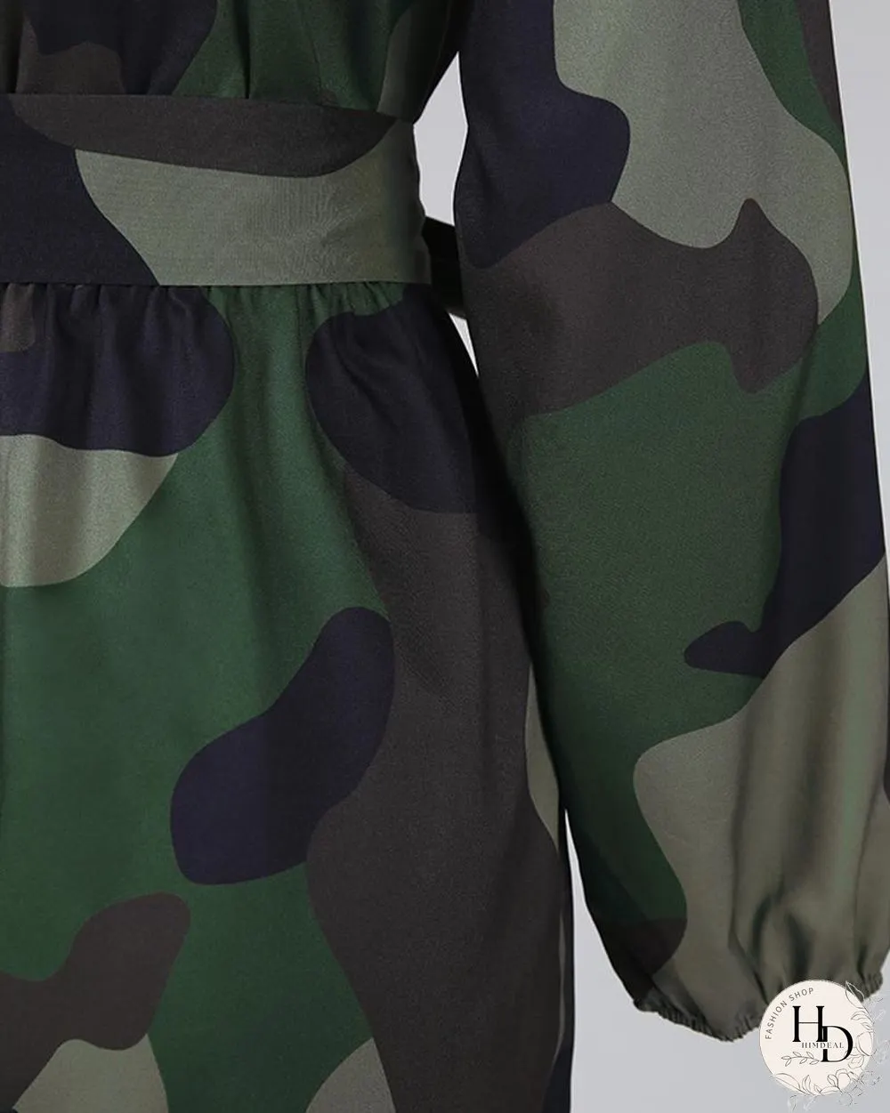 V Neck Camouflage Print Buttoned Jumpsuit P16118