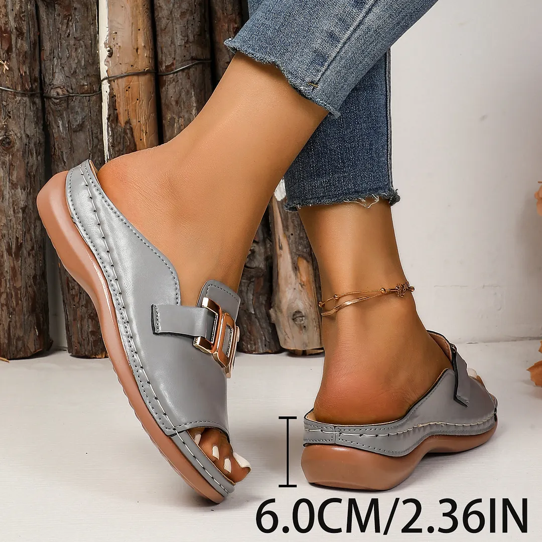 Breakj Breakj New Slope And Thick-Bottom Slippers Women Metal Decoration Type Roman Wind Fish Mouth Beach Cold Slippers