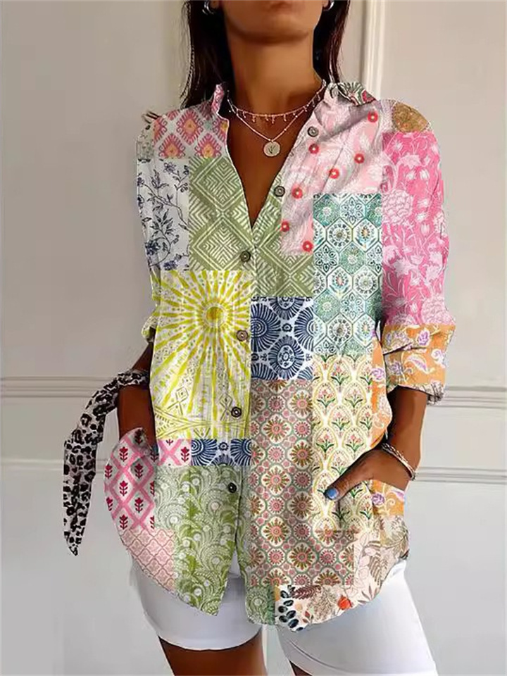 Large Size Women's New Long-sleeved Buttons Shirt Floral Ladies Printed Shirt