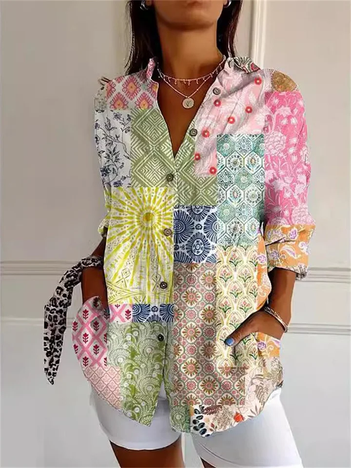 Large Size Women's New Long-sleeved Buttons Shirt Floral Ladies Printed Shirt