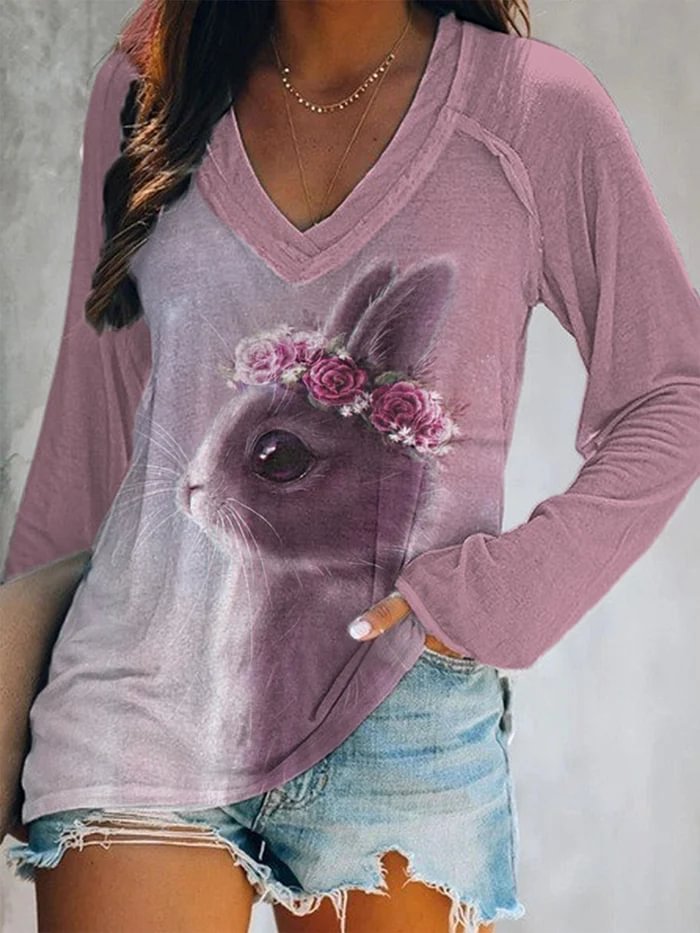 VChics Women's Floral Bunny Print Long Sleeve T-Shirt