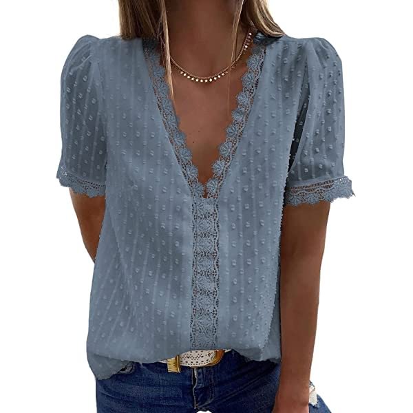 Womens Summer Lace Tops V Neck Short Sleeve Shirts Vintage Elegant Polka Dot Blouses Tunic