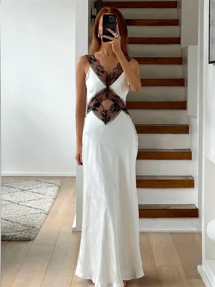 Ootddress Lace Backless Hollow Out Maxi Dress For Women Patchwork Printed Fashion High Waist Elegant Party Dress Female Long Dress