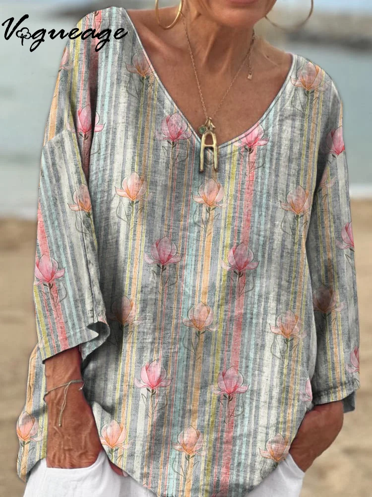 Simple Casual Colorful Striped Flowers 3/4 Sleeves Printed Cotton And Linen Shirt