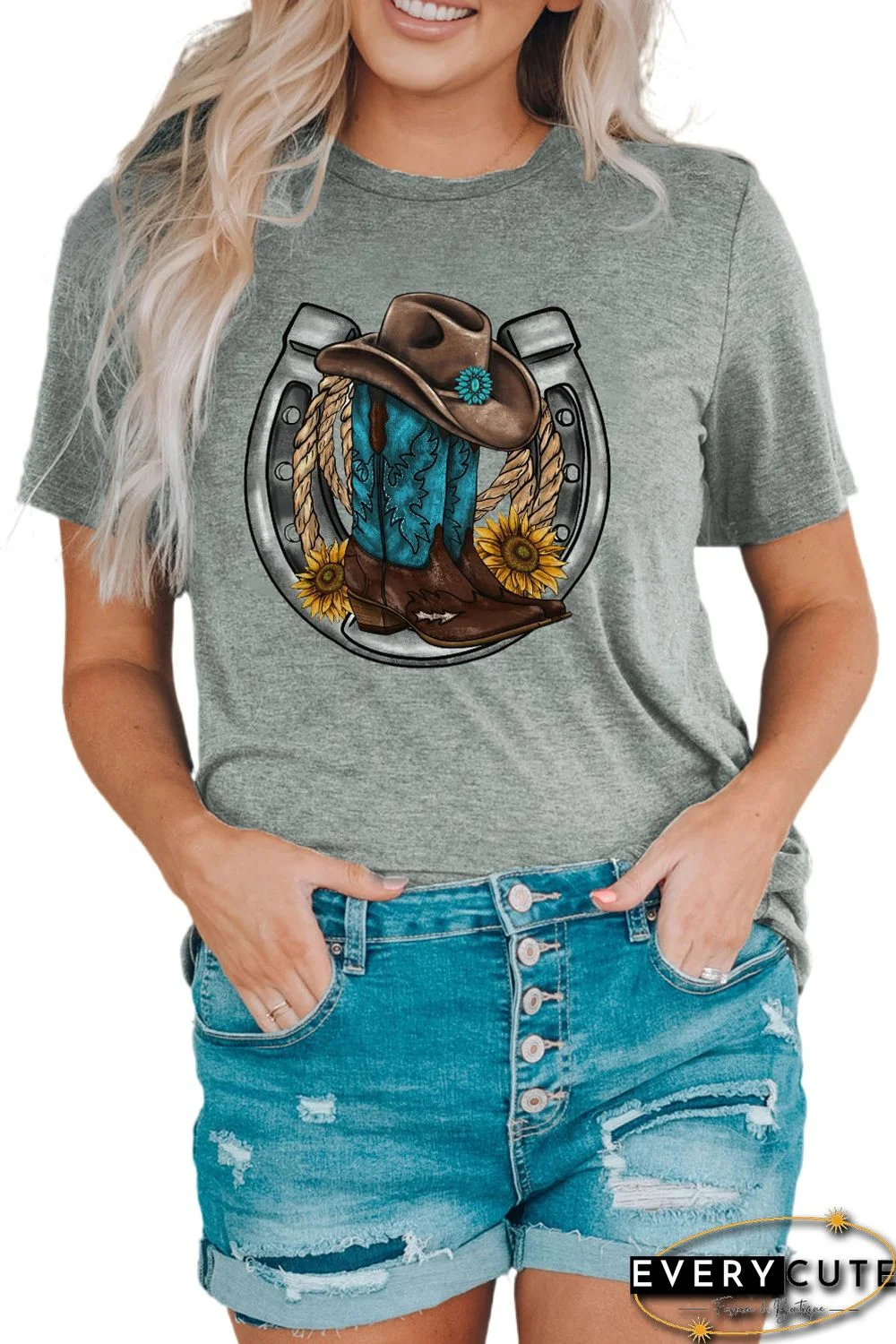 Gray Western Cowboy Boots Graphic Print T Shirt