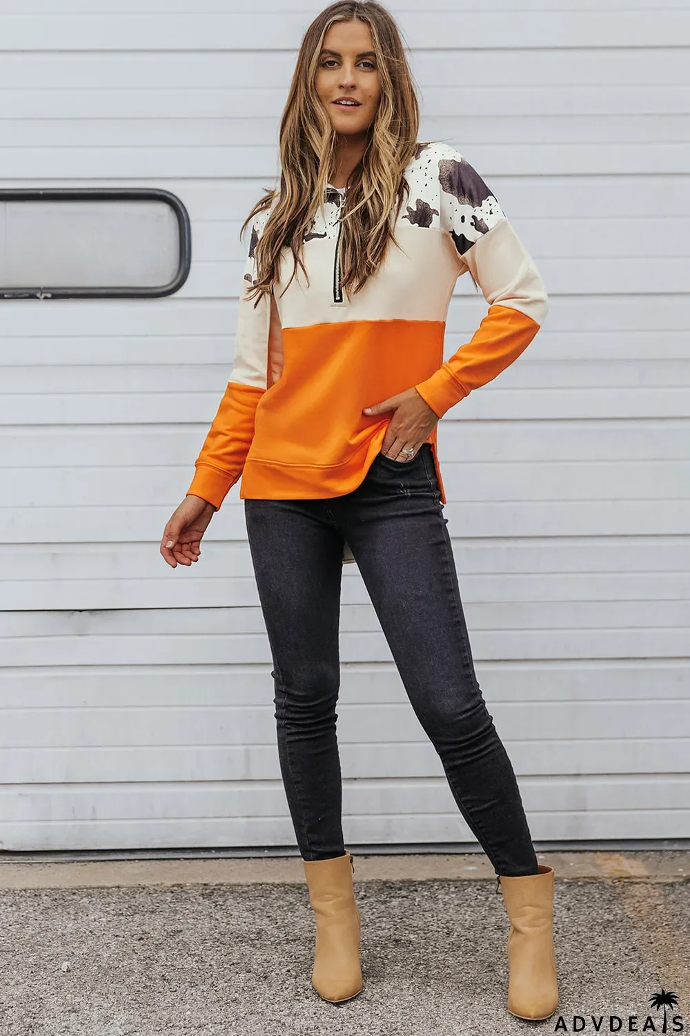 Cow Print Color Block Zip-Up Pullover Sweatshirt
