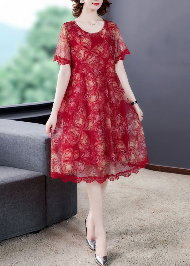 VCSHOES Red O Neck Print Lace Tulle Dress Summer