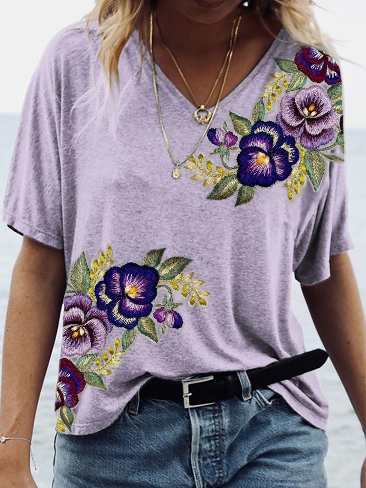 Comstylish Pansy Floral Embroidery Art V Neck T Shirt