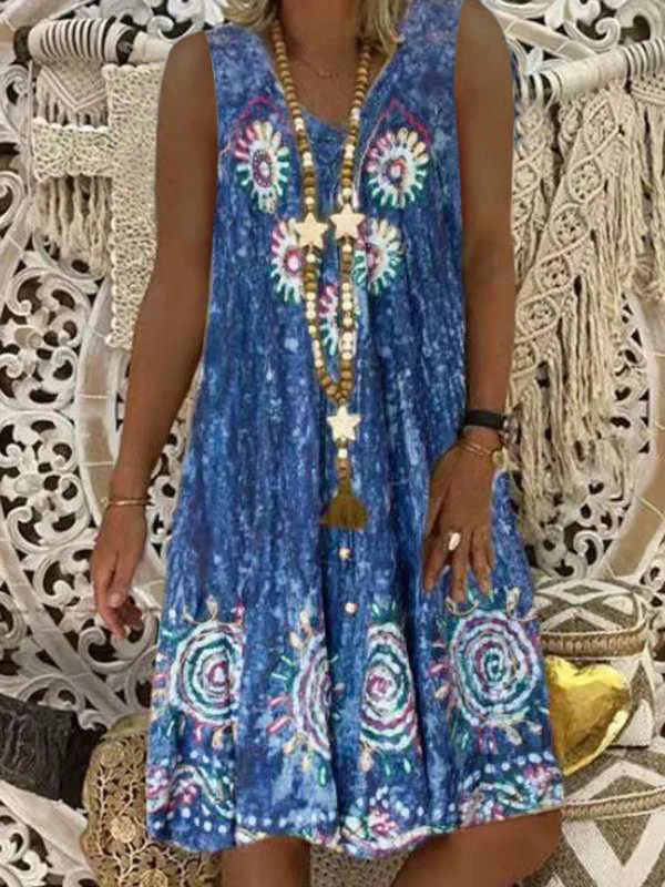 Women's Floral Printed Sleeveless V-neck Midi Dress