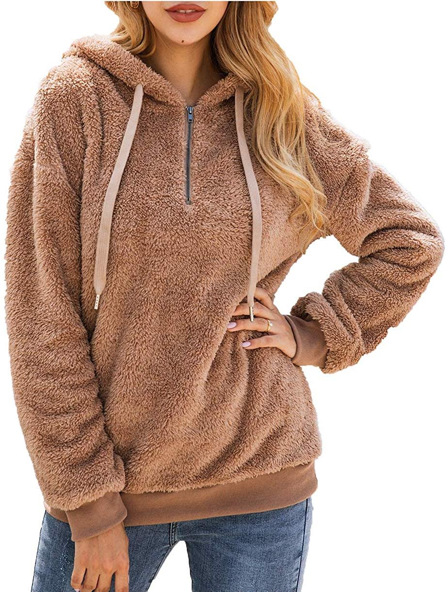 Women's Winter Fuzzy Fleece Coat Oversized Hooded Pullover Sweatshirt Outwear with Pockets