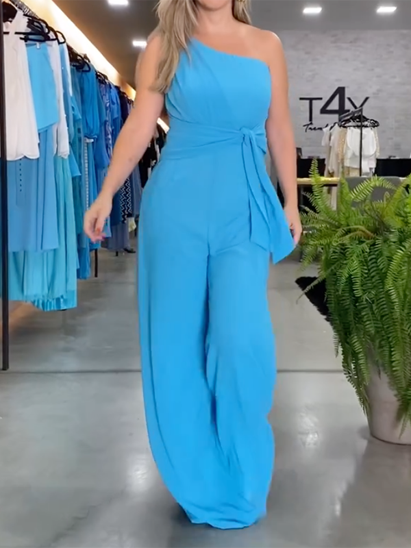 Asymmetric Solid Color Loose Sleeveless One-Shoulder Jumpsuits