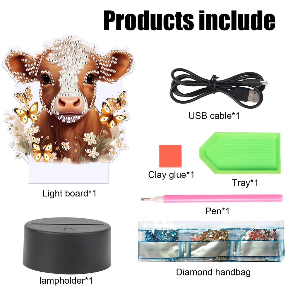 5D DIY Acrylic Cow Double Sided Diamond Painting LED Night Light for Adults
