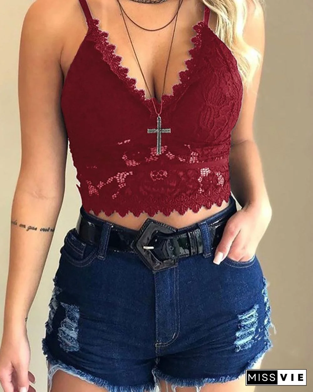Lace  Hollow Out Spaghetti Strap Top