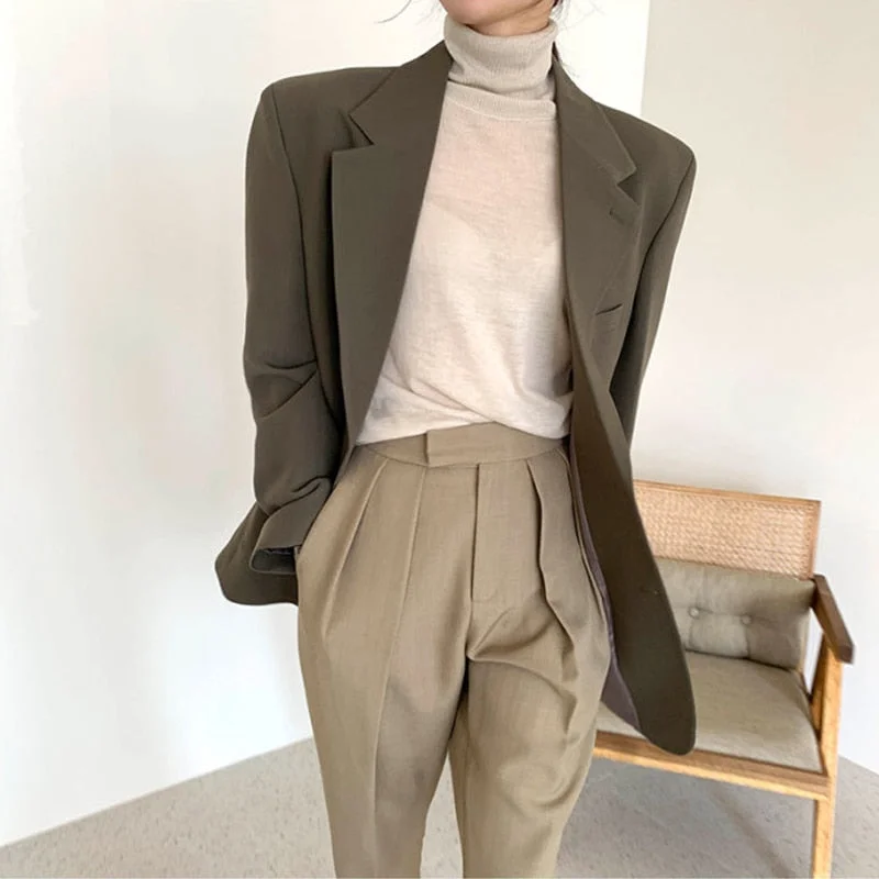 UForever21 Office Lady Loose Blazer Women Notched Collar Single Breasted Long Sleeve Blazer Femenino 2022 Autumn Winter Vintage Suit Coat