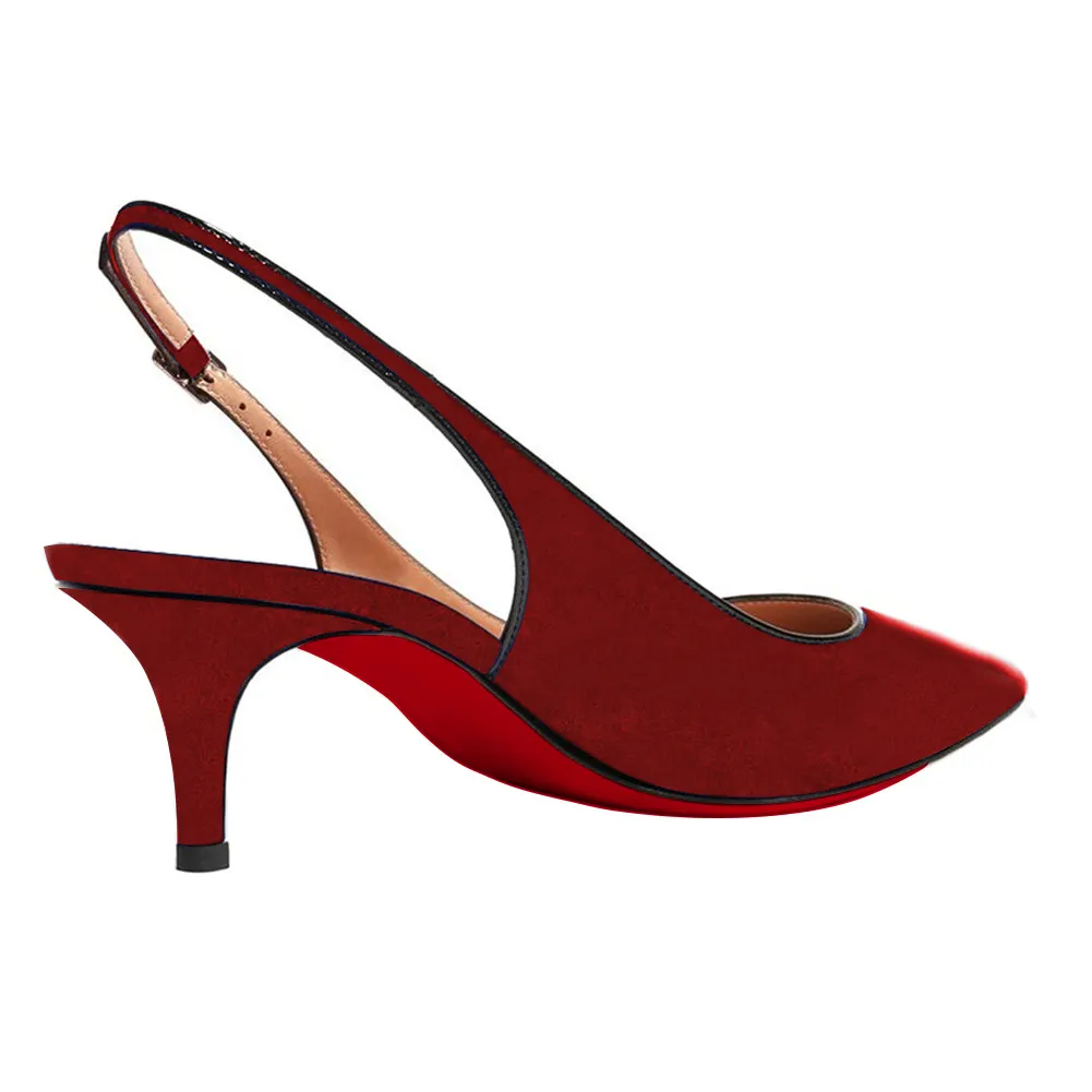 Women's Pointed Toe Slingback Shoes Kitten Heel Pumps Comfortable Dress Red Suede Shoes-vocosishoes