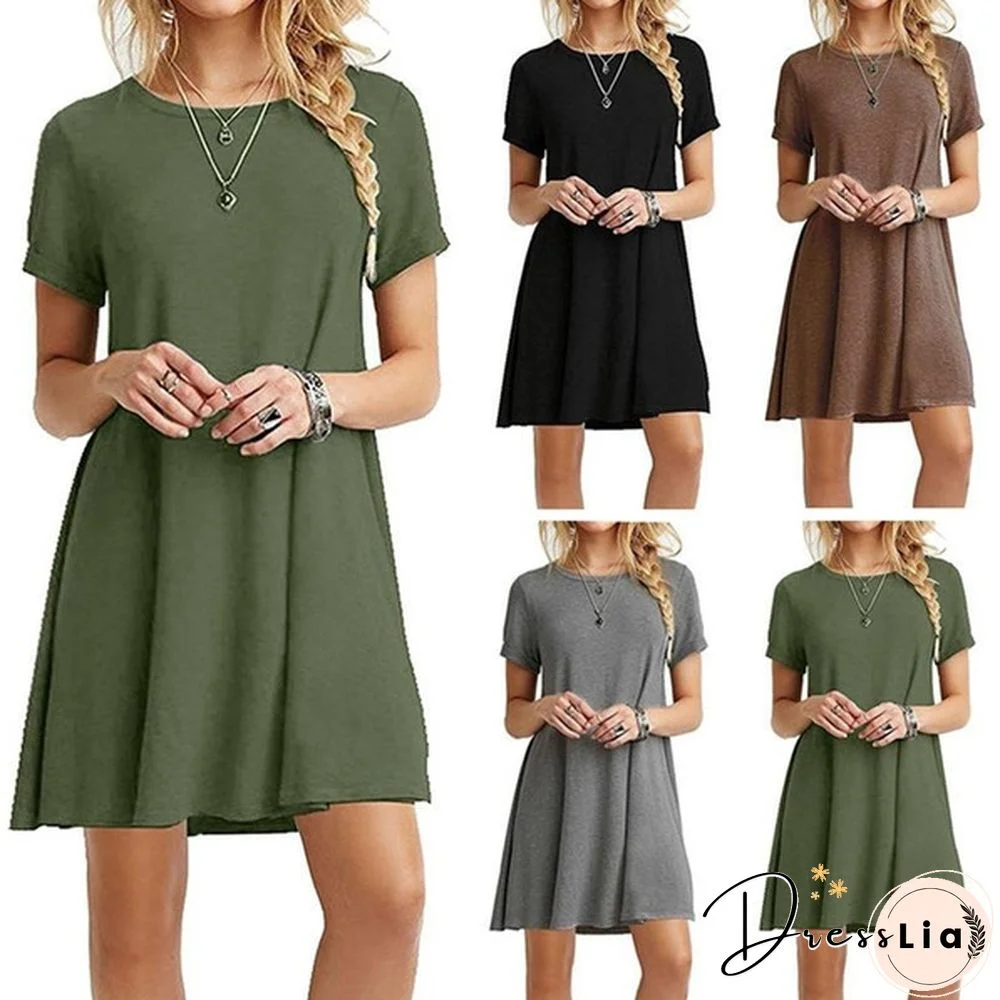 Summer Women Casual Solid Color Loose Short Sleeve Beach A-Line Pocket Dress Sexy Lace Patchwork Round Neck Short Club Party Mini Midi Dresses Robe Knee Length Pleated Skirts Ladies Fashion Cotton T-Shirt Dress Plus Size