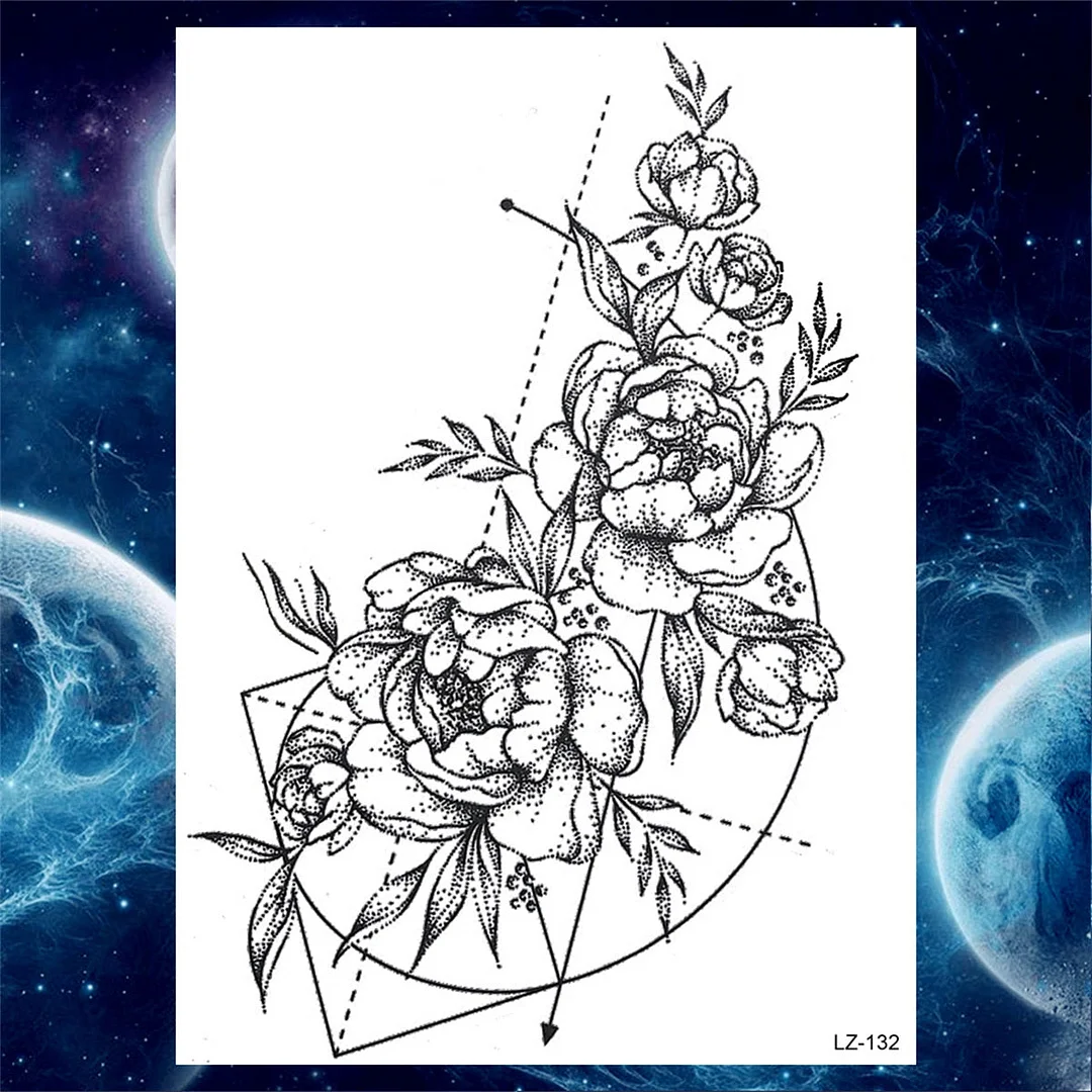 Large 3D Rose Flower Temporary Tattoos For Women Men Adults Death Skull Tattoo Sticker Peony Dahlia Black Fake Tatoos Forearm