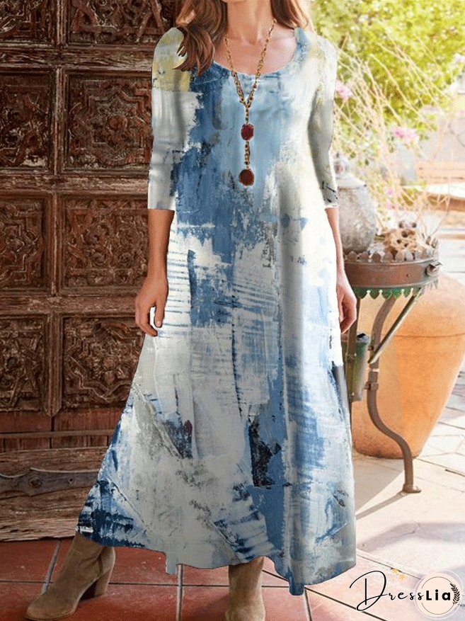 Vintage Print Round Neck Three-Quarter Sleeve Dress