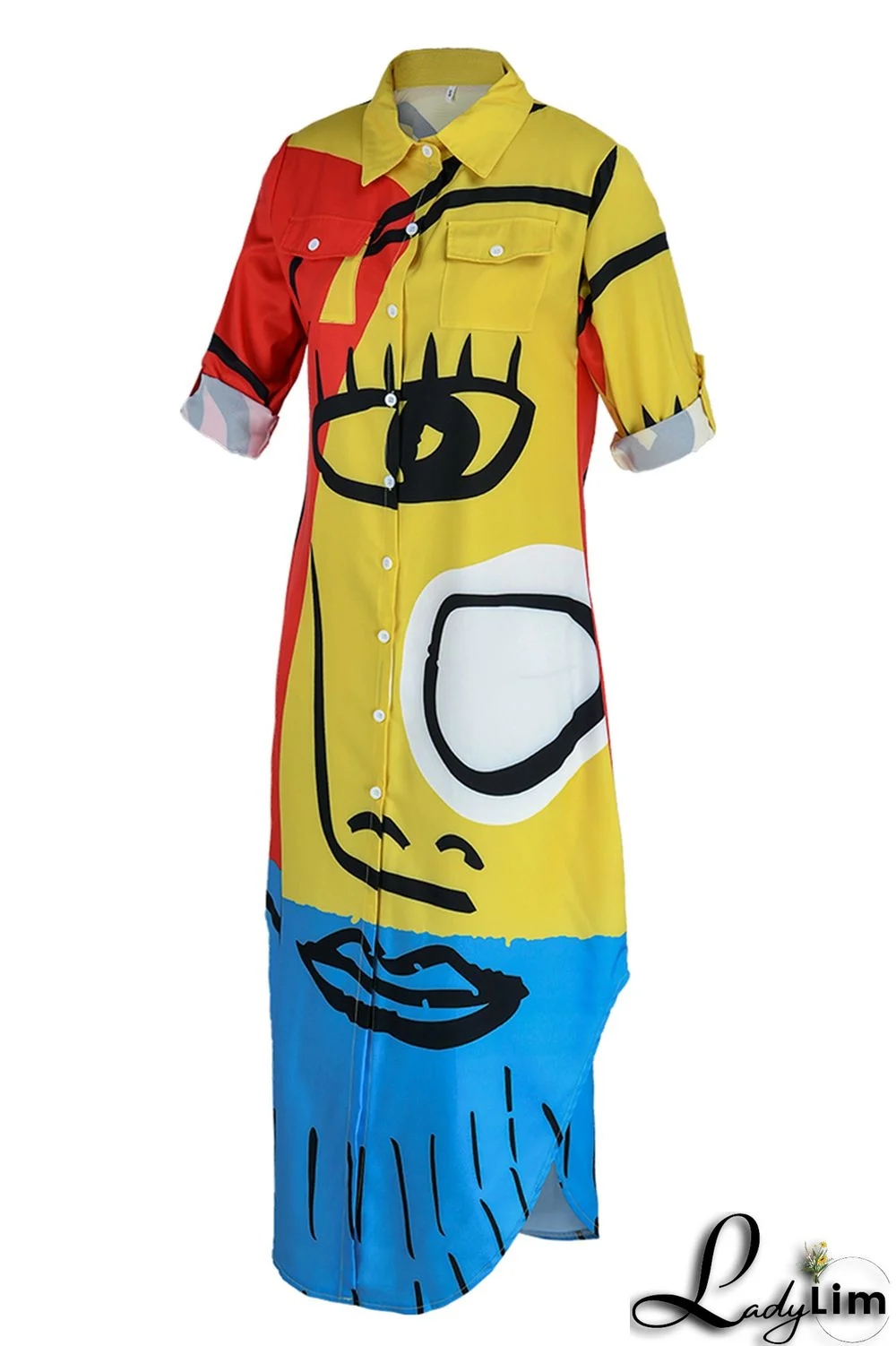 Cream White Fashion Casual Print Slit Turndown Collar Shirt Dress