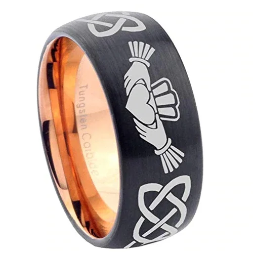Men or Women Black Ring with Rose Gold Inside Laser Irish Claddagh Tungsten Carbide Embrace Love Heart Wedding Band Rings,Tungsten Black Ring with Rose Gold Inside Laser Etched Celtic Kno with Heart in Hands Ring With Mens And Womens For 4MM 6MM 8MM 10MM