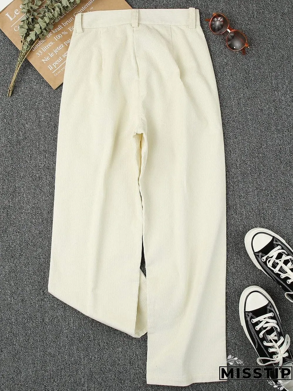Beige Corduroy High Waist Trousers for Winter Casual Wear