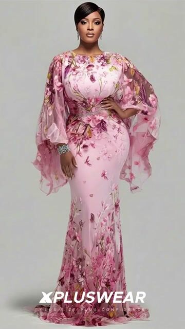 Xpluswear Design Plus Size Formal Elegant Pink Floral Round Neck Flare Long Sleeve See Through Tulle Maxi Dresses 2024 - Xpluswear