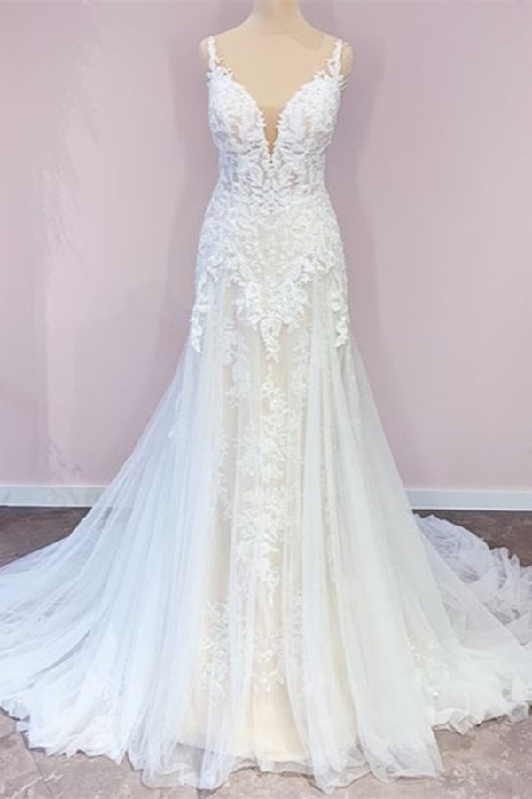 Modest Spaghetti-Straps Tulle A-Line Sweetheart Wedding Dress With Appliques Lace | Ballbellas Ballbellas