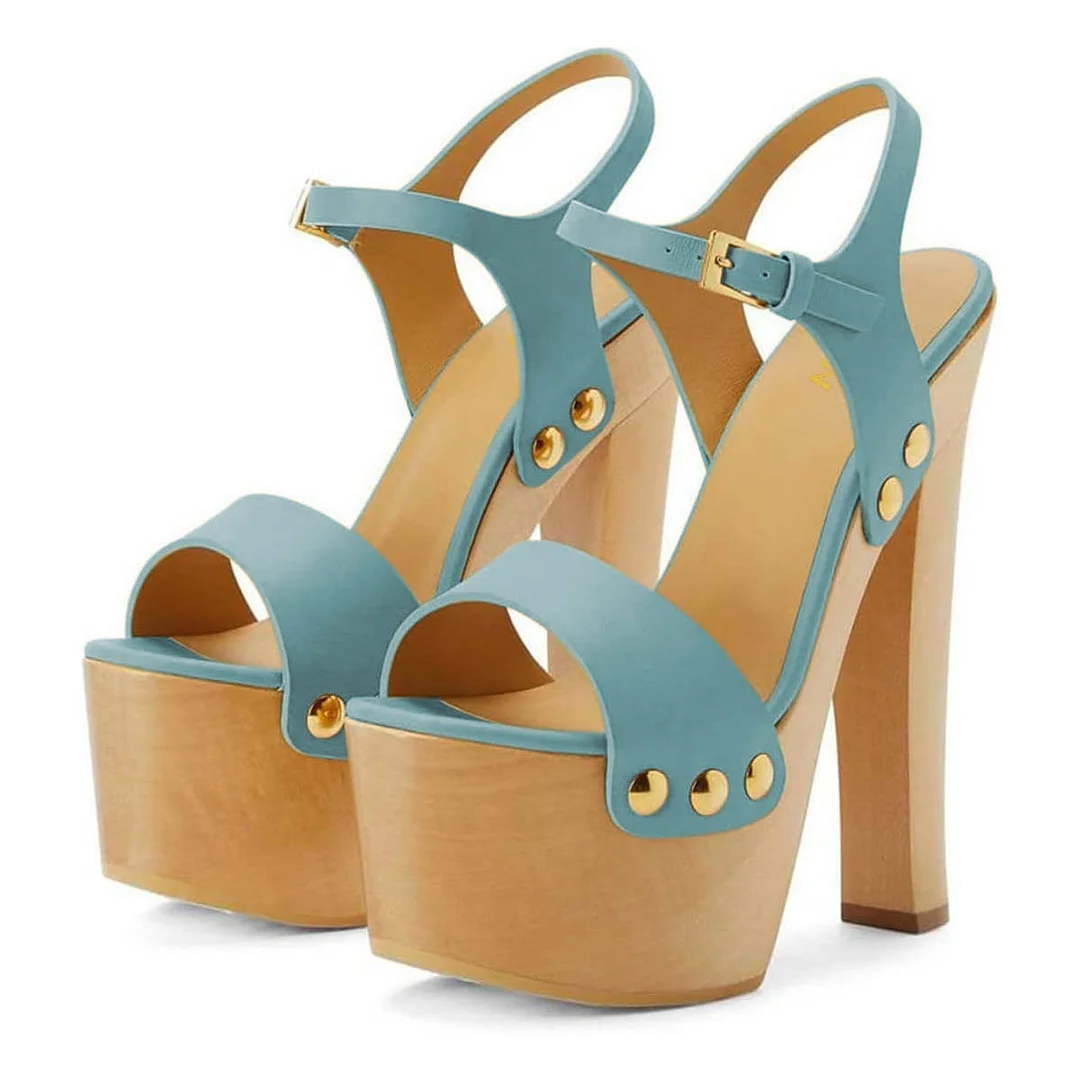 Light Blue Open Toe Platform Chunky High Heels Shoes with Studs