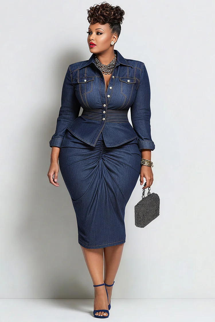 Xpluswear Design Plus Size Business Casual Blue Shirt Collar Long Sleeve Bodycon Elegant Ruffled Tencel Denim Two Piece Skirt Sets [Pre-Order]