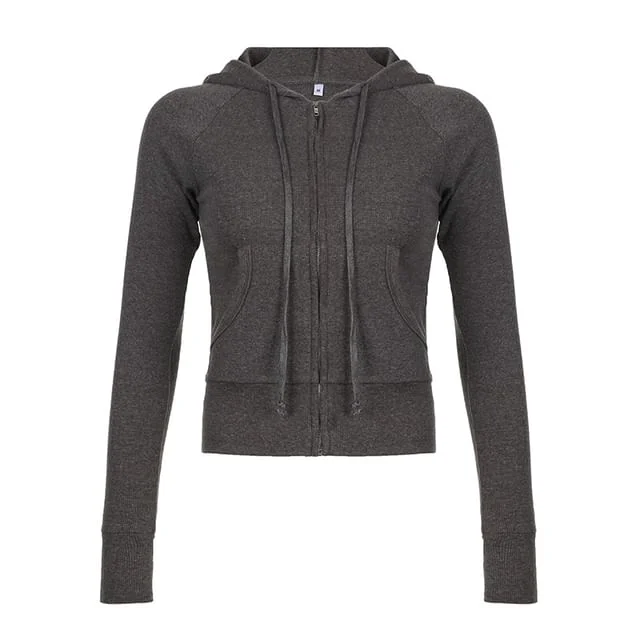Drawstring Plain Zip Up Hoodie