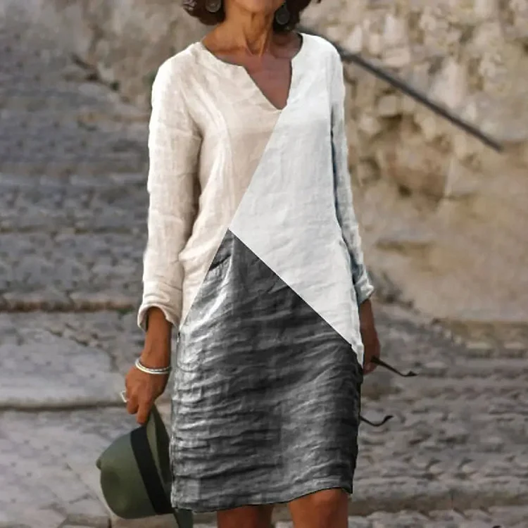 Comstylish Casual Color Block V Neck Midi Dress